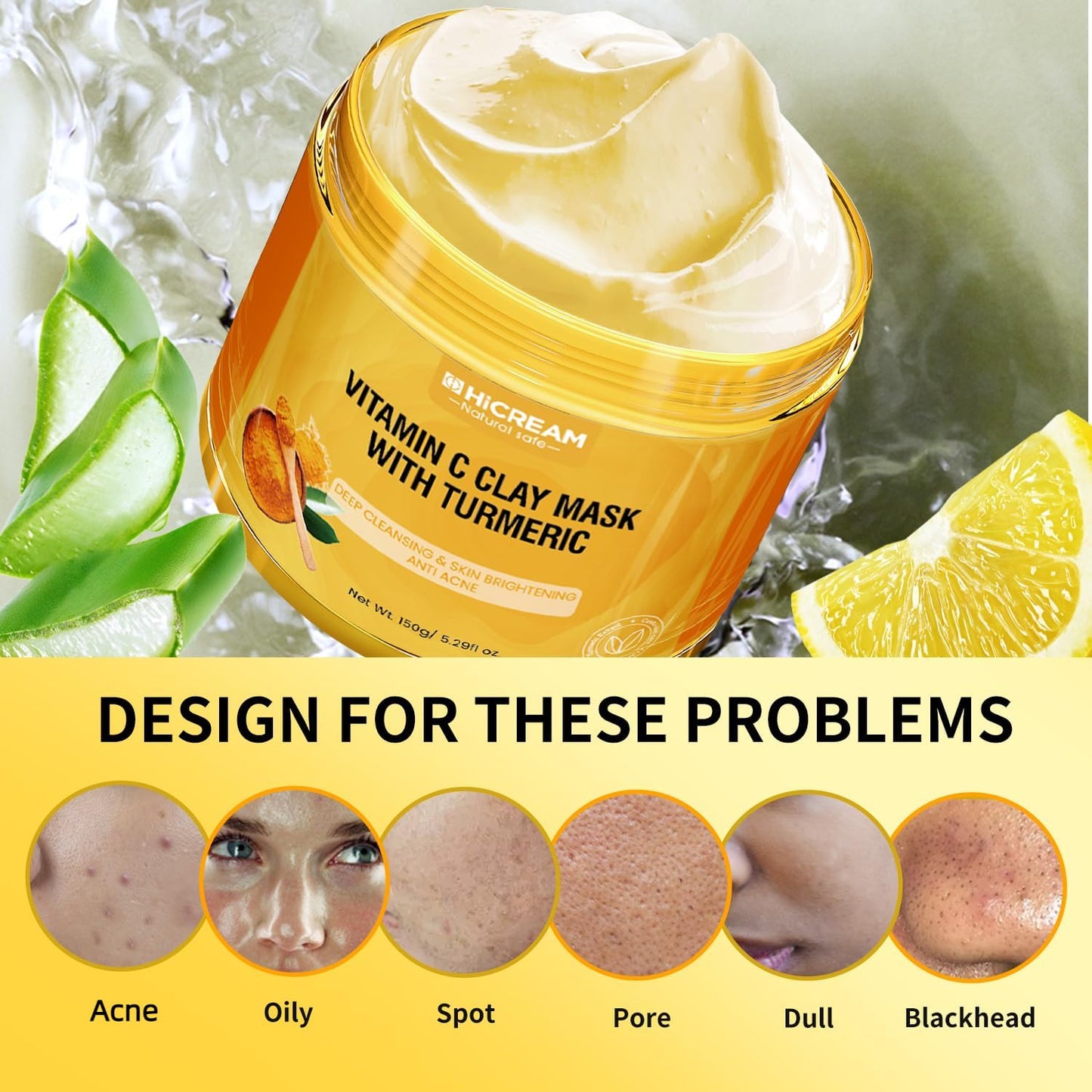 Hicream Turmeric Vitamin C Clay Mask with Kaolin Clay and Turmeric for Dark Spots