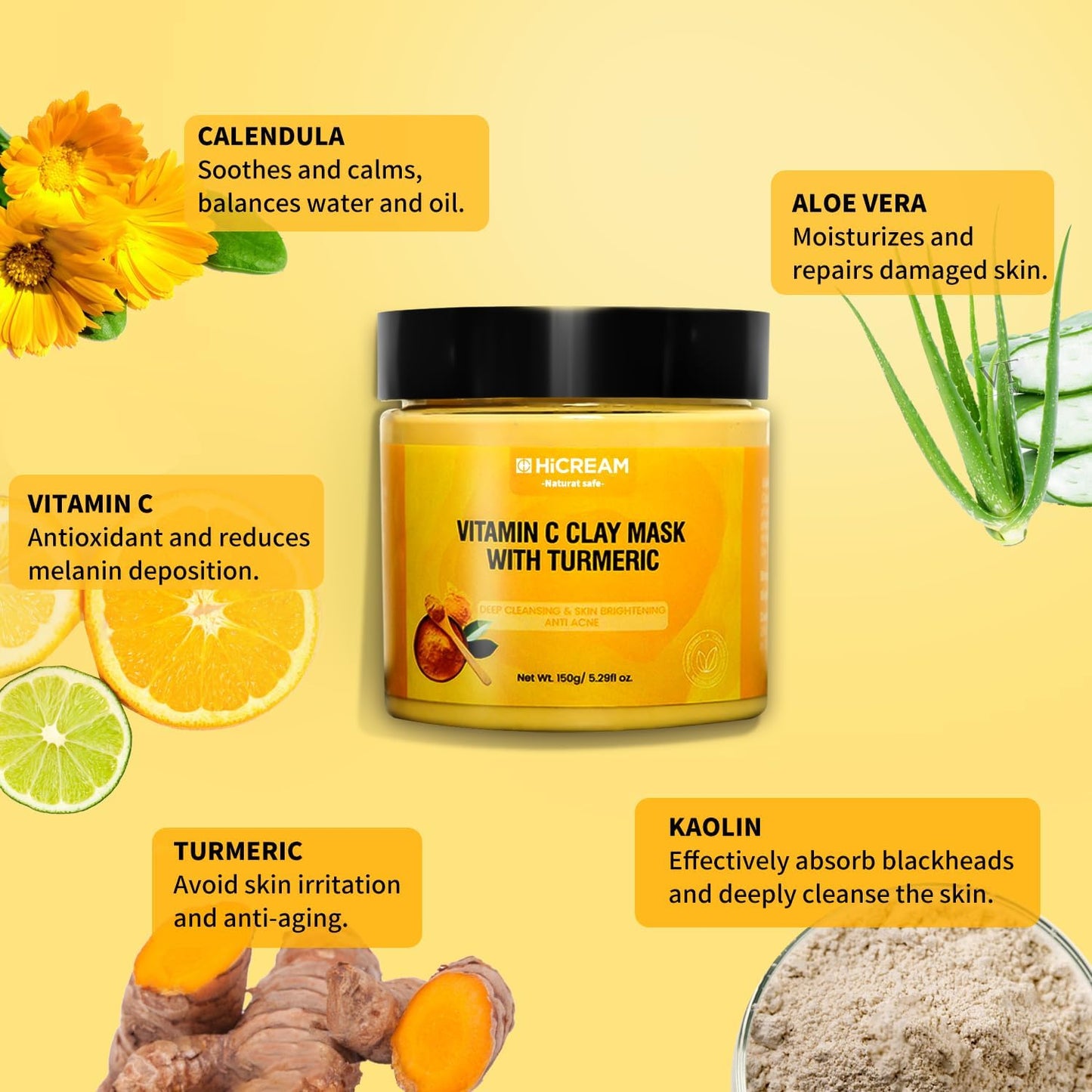 Hicream Turmeric Vitamin C Clay Mask with Kaolin Clay and Turmeric for Dark Spots