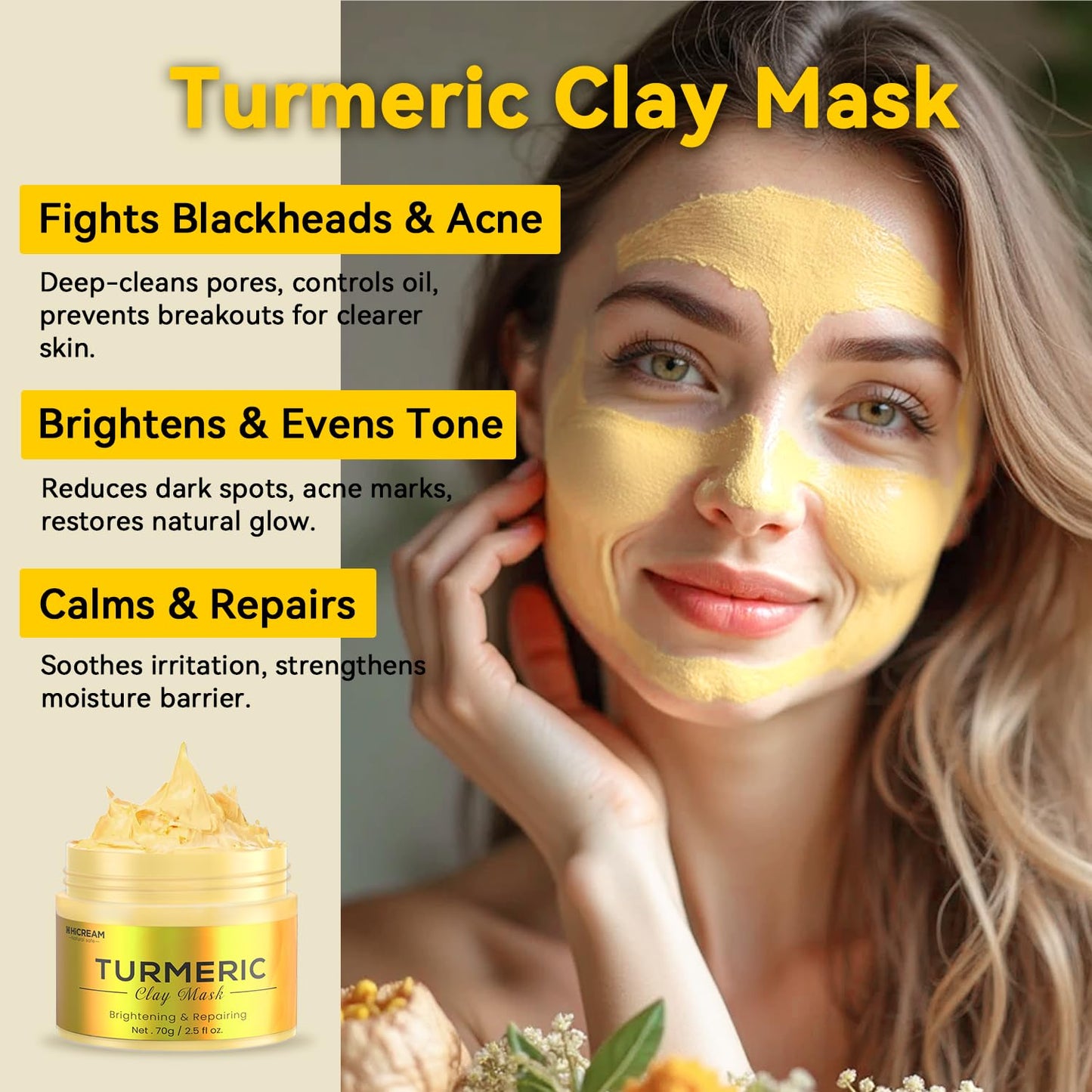 Hicream Turmeric Vitamin C Clay Mask with Kaolin Clay and Turmeric for Dark Spots