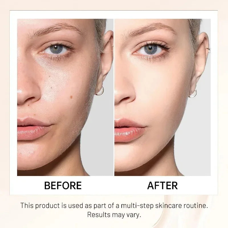 Before and after comparison of a skincare product application on a person's face.