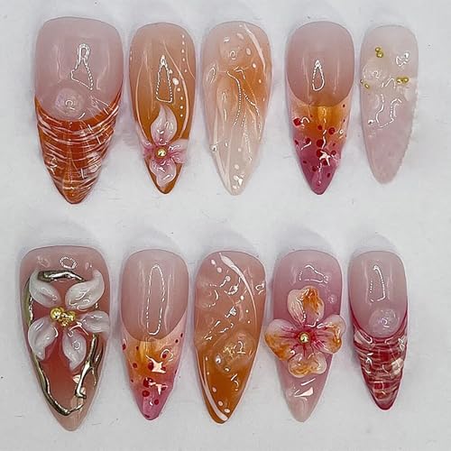 24Pcs Flower Press on Nails Medium Almond Fake Nails