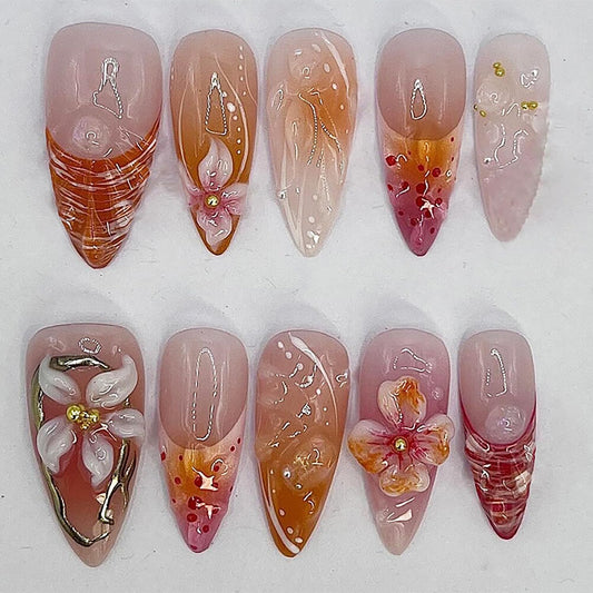 24Pcs Flower Press on Nails Medium Almond Fake Nails
